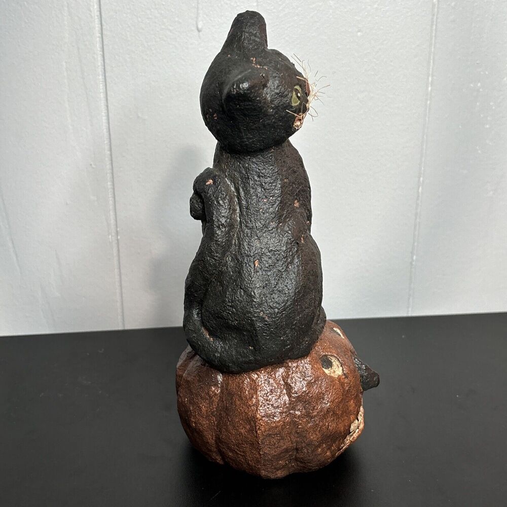 Primitive Black Cat Smiley Whiskers Sculpture w/ Pumpkin Paper Mache Figure - Picture 2 of 9